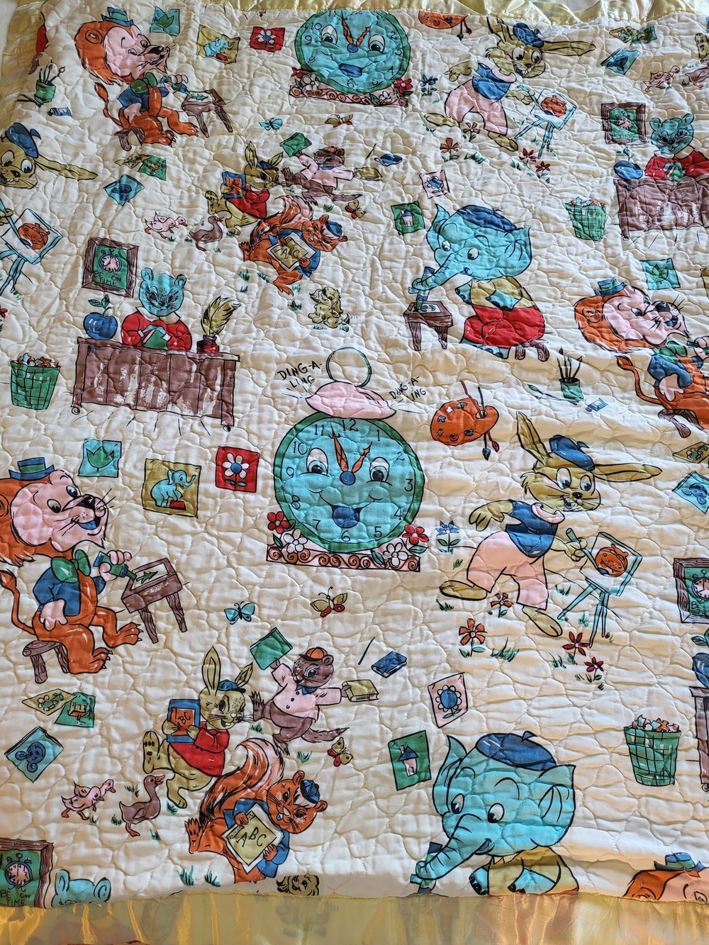 Vintage 1950s Baby Quilt Blanket Anthropomorphic Animals Satin Binding 44"×44"